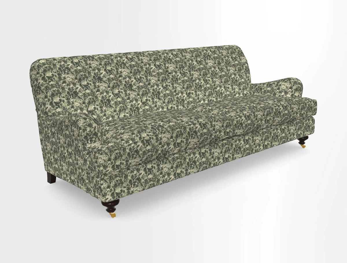 Chiddingfold 3 Seater Sofa in Omega Velvet Tawny Velvet and V&A Threads of India Regal Arabesque Flame with scatters in Sulawesi Splendour Jasper