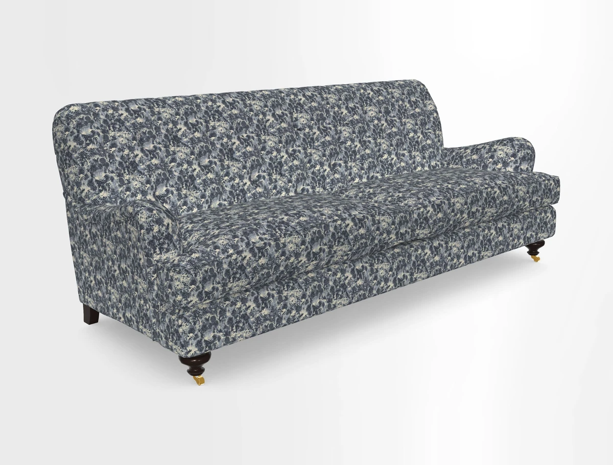 Chiddingfold 3 Seater Sofa in Omega Velvet Tawny Velvet and V&A Threads of India Regal Arabesque Flame with scatters in Sulawesi Splendour Jasper
