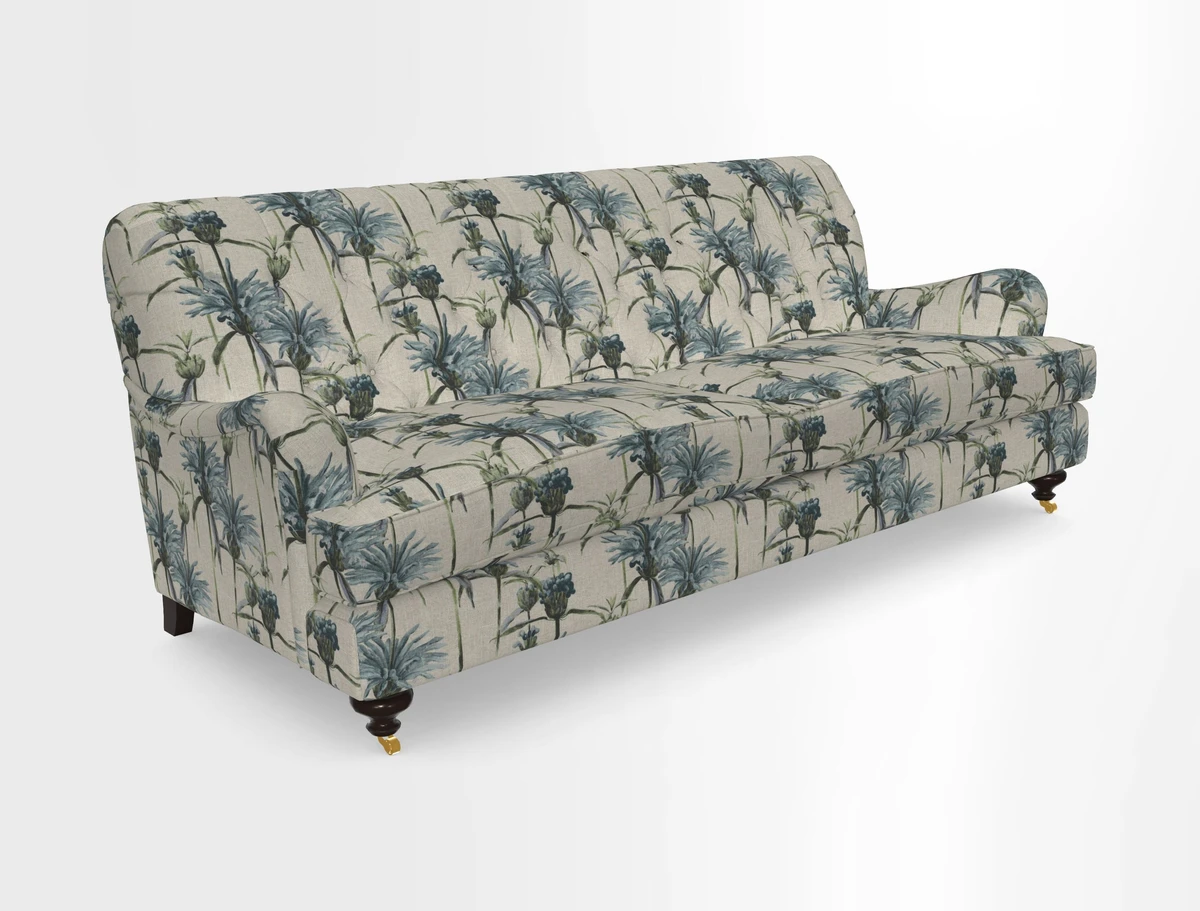 Chiddingfold 3 Seater Sofa in Omega Velvet Tawny Velvet and V&A Threads of India Regal Arabesque Flame with scatters in Sulawesi Splendour Jasper