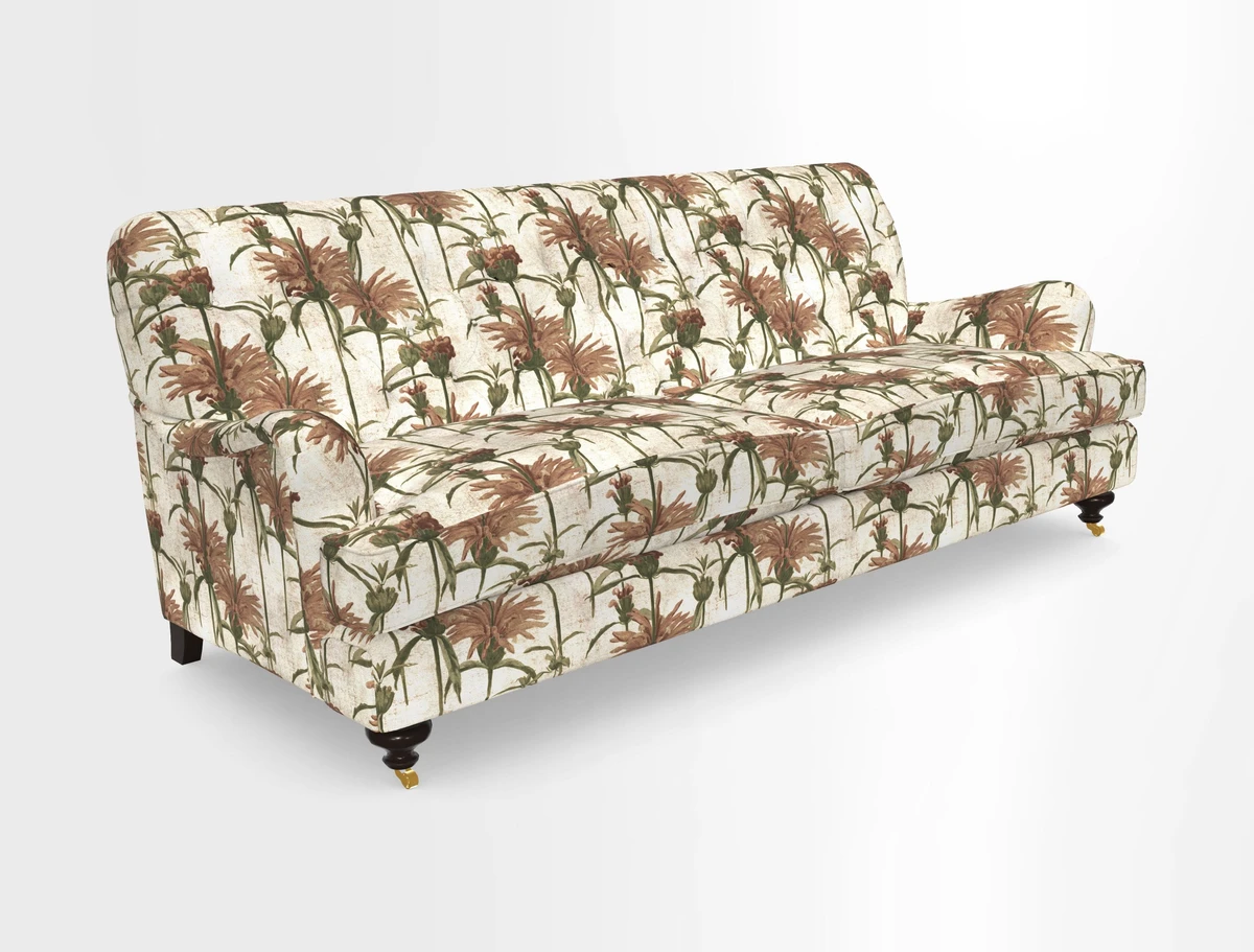 Chiddingfold 3 Seater Sofa in Omega Velvet Tawny Velvet and V&A Threads of India Regal Arabesque Flame with scatters in Sulawesi Splendour Jasper