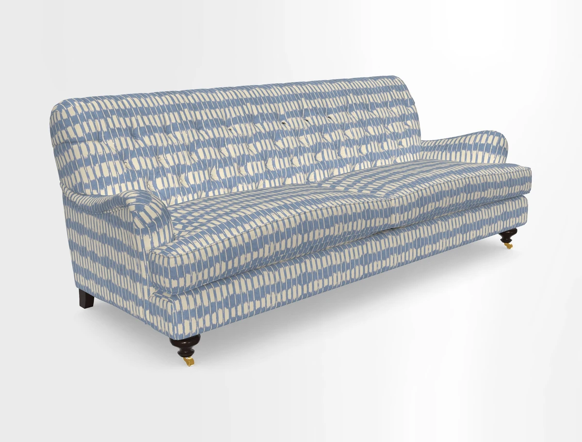 Chiddingfold 3 Seater Sofa in Omega Velvet Tawny Velvet and V&A Threads of India Regal Arabesque Flame with scatters in Sulawesi Splendour Jasper