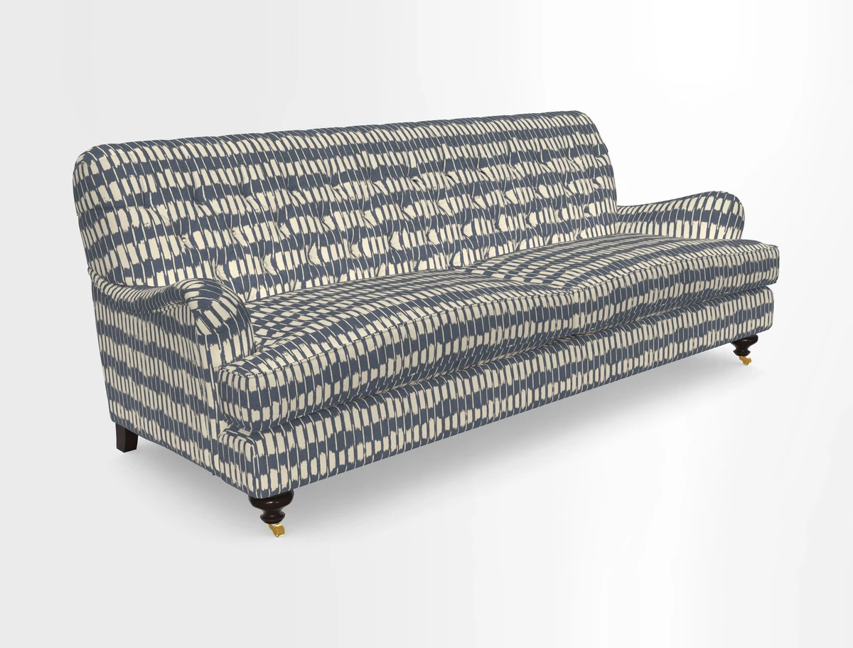 Chiddingfold 3 Seater Sofa in Omega Velvet Tawny Velvet and V&A Threads of India Regal Arabesque Flame with scatters in Sulawesi Splendour Jasper