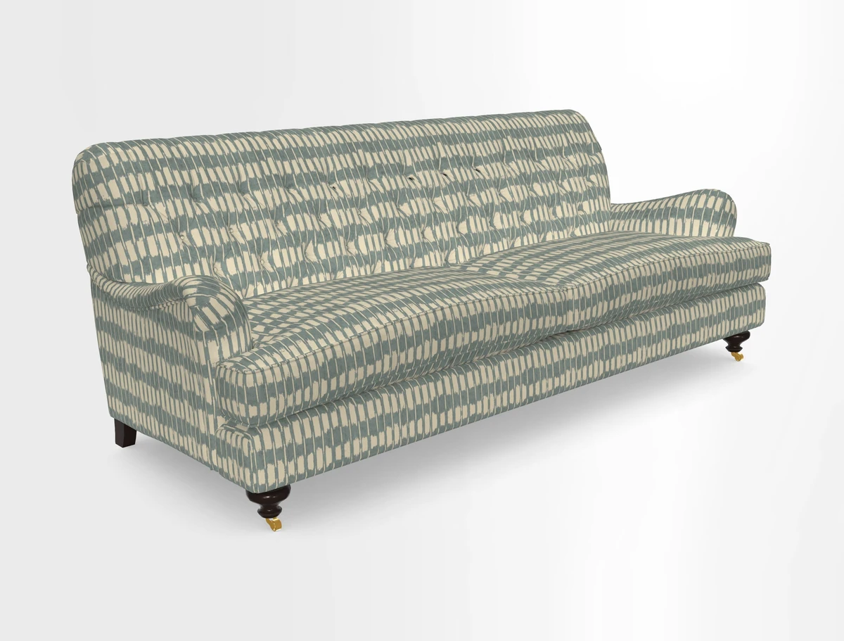 Chiddingfold 3 Seater Sofa in Omega Velvet Tawny Velvet and V&A Threads of India Regal Arabesque Flame with scatters in Sulawesi Splendour Jasper