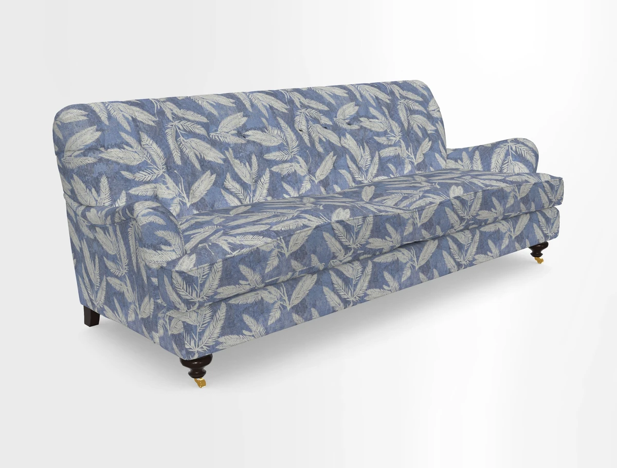Chiddingfold 3 Seater Sofa in Omega Velvet Tawny Velvet and V&A Threads of India Regal Arabesque Flame with scatters in Sulawesi Splendour Jasper