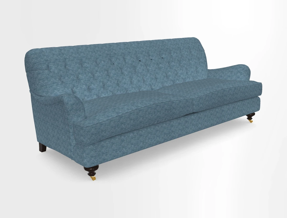 Chiddingfold 3 Seater Sofa in Omega Velvet Tawny Velvet and V&A Threads of India Regal Arabesque Flame with scatters in Sulawesi Splendour Jasper