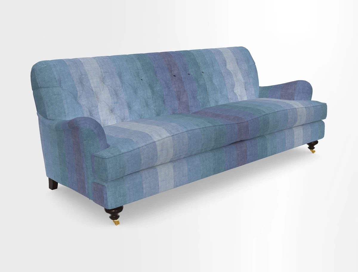 Chiddingfold 3 Seater Sofa in Omega Velvet Tawny Velvet and V&A Threads of India Regal Arabesque Flame with scatters in Sulawesi Splendour Jasper