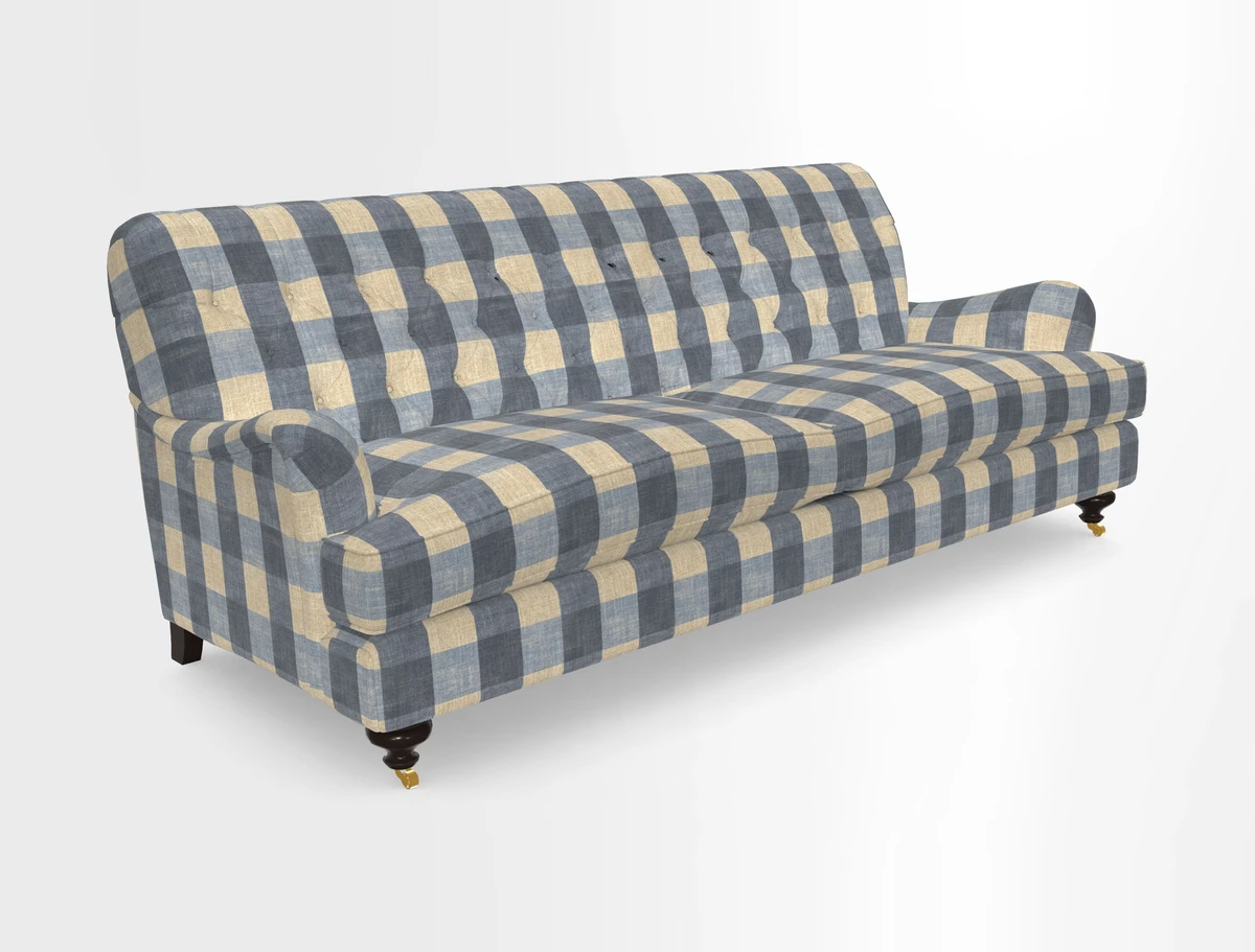Chiddingfold 3 Seater Sofa in Omega Velvet Tawny Velvet and V&A Threads of India Regal Arabesque Flame with scatters in Sulawesi Splendour Jasper