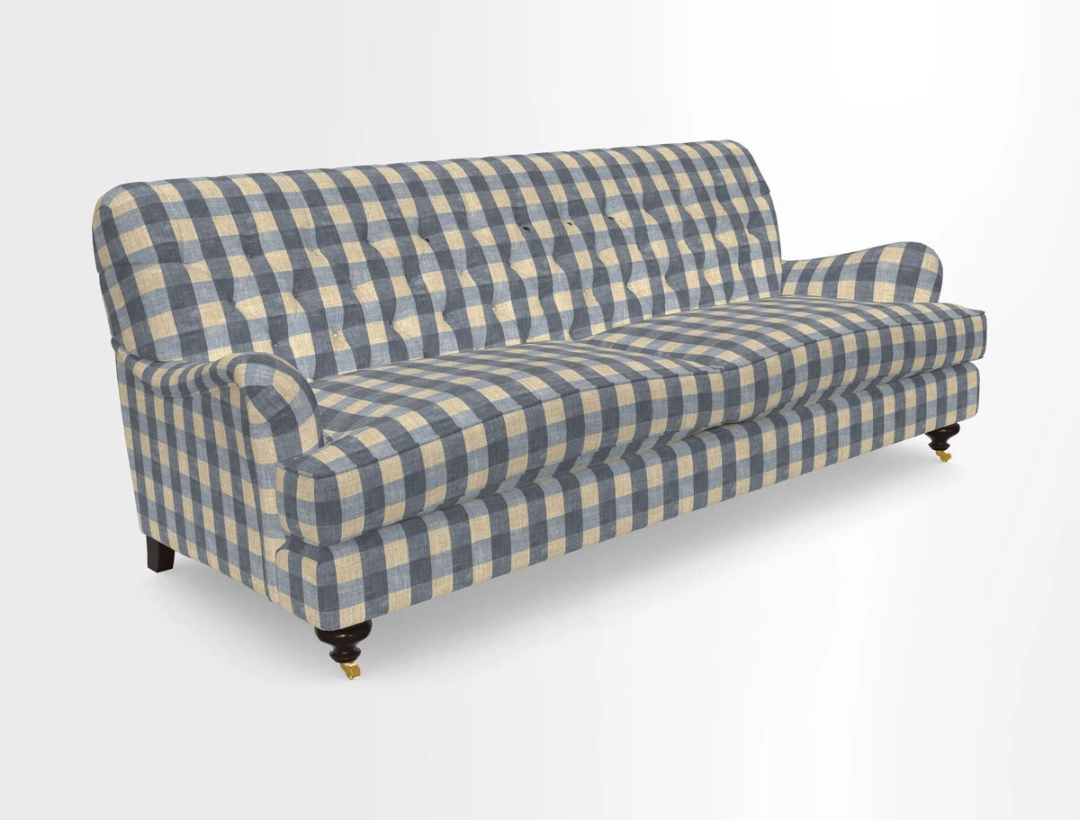 Chiddingfold 3 Seater Sofa in Omega Velvet Tawny Velvet and V&A Threads of India Regal Arabesque Flame with scatters in Sulawesi Splendour Jasper