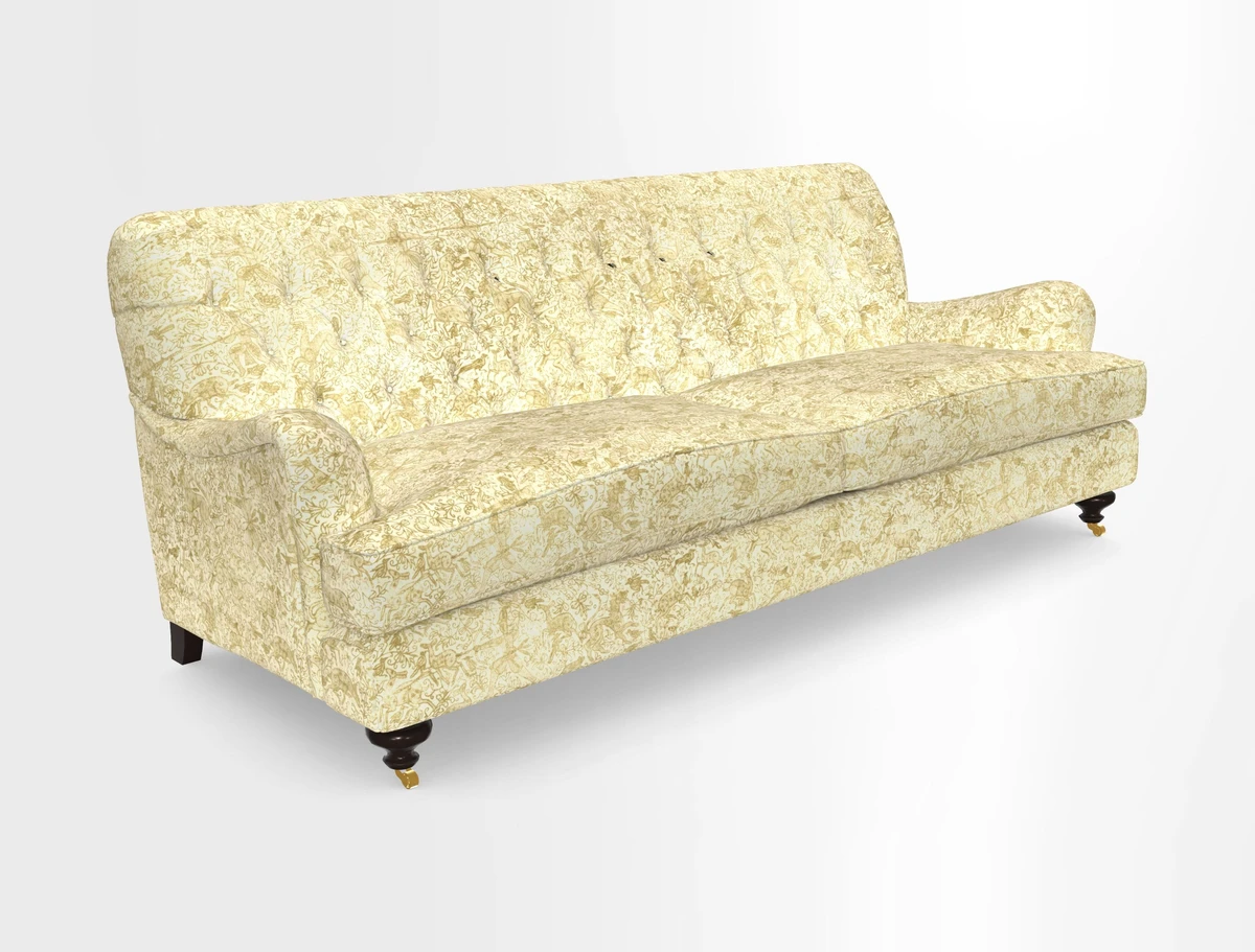 Chiddingfold 3 Seater Sofa in Omega Velvet Tawny Velvet and V&A Threads of India Regal Arabesque Flame with scatters in Sulawesi Splendour Jasper