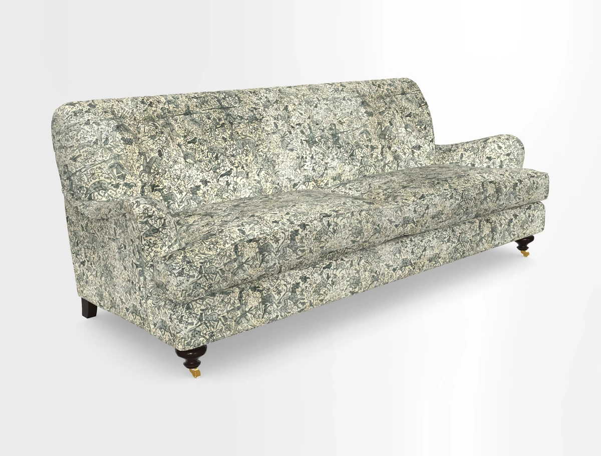 Chiddingfold 3 Seater Sofa in Omega Velvet Tawny Velvet and V&A Threads of India Regal Arabesque Flame with scatters in Sulawesi Splendour Jasper