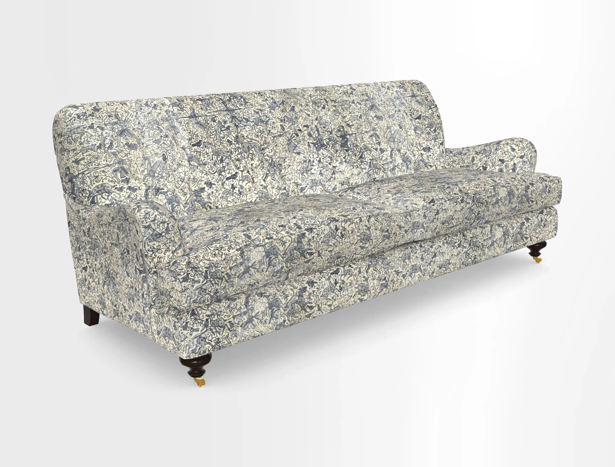 Chiddingfold 3 Seater Sofa in Omega Velvet Tawny Velvet and V&A Threads of India Regal Arabesque Flame with scatters in Sulawesi Splendour Jasper