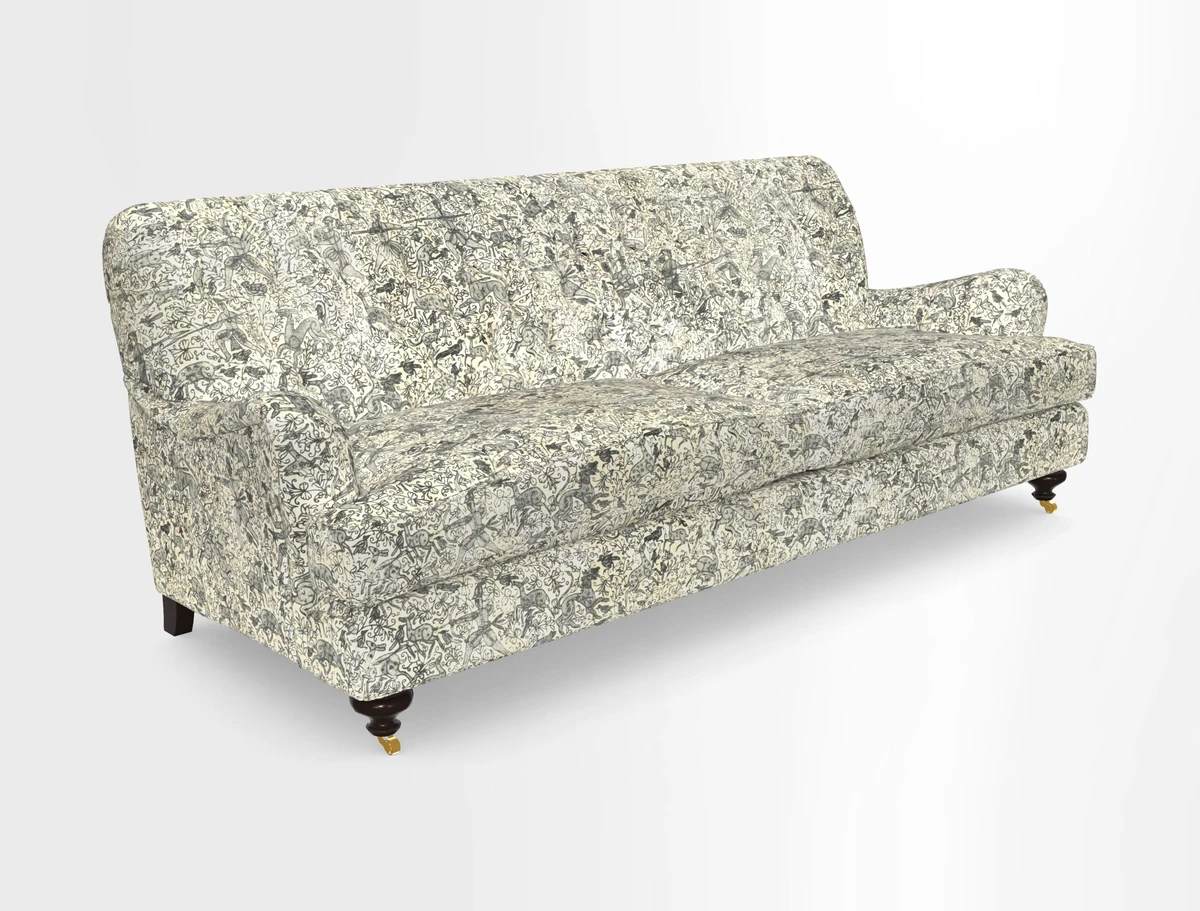 Chiddingfold 3 Seater Sofa in Omega Velvet Tawny Velvet and V&A Threads of India Regal Arabesque Flame with scatters in Sulawesi Splendour Jasper