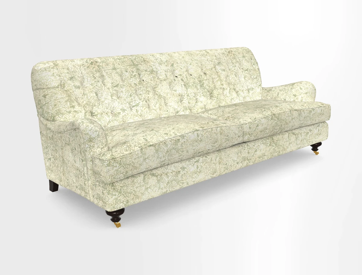 Chiddingfold 3 Seater Sofa in Omega Velvet Tawny Velvet and V&A Threads of India Regal Arabesque Flame with scatters in Sulawesi Splendour Jasper