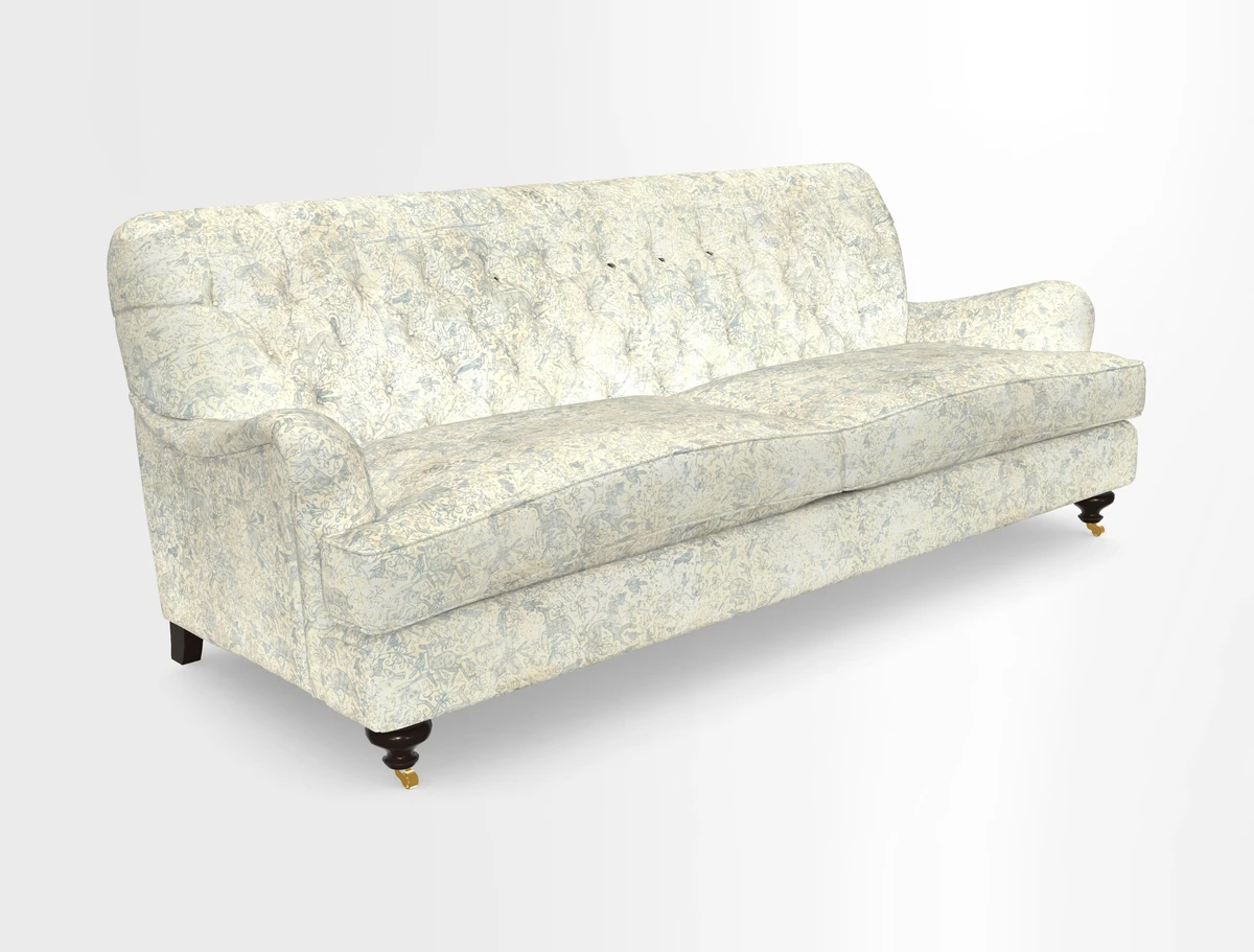 Chiddingfold 3 Seater Sofa in Omega Velvet Tawny Velvet and V&A Threads of India Regal Arabesque Flame with scatters in Sulawesi Splendour Jasper