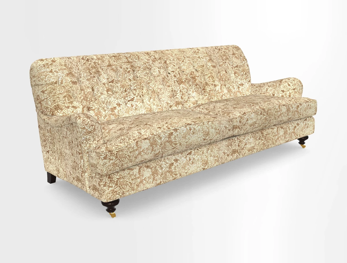 Chiddingfold 3 Seater Sofa in Omega Velvet Tawny Velvet and V&A Threads of India Regal Arabesque Flame with scatters in Sulawesi Splendour Jasper