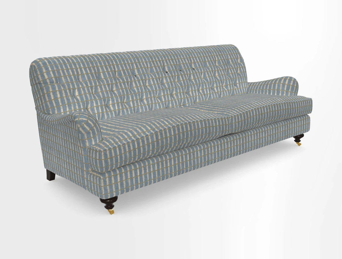 Chiddingfold 3 Seater Sofa in Omega Velvet Tawny Velvet and V&A Threads of India Regal Arabesque Flame with scatters in Sulawesi Splendour Jasper
