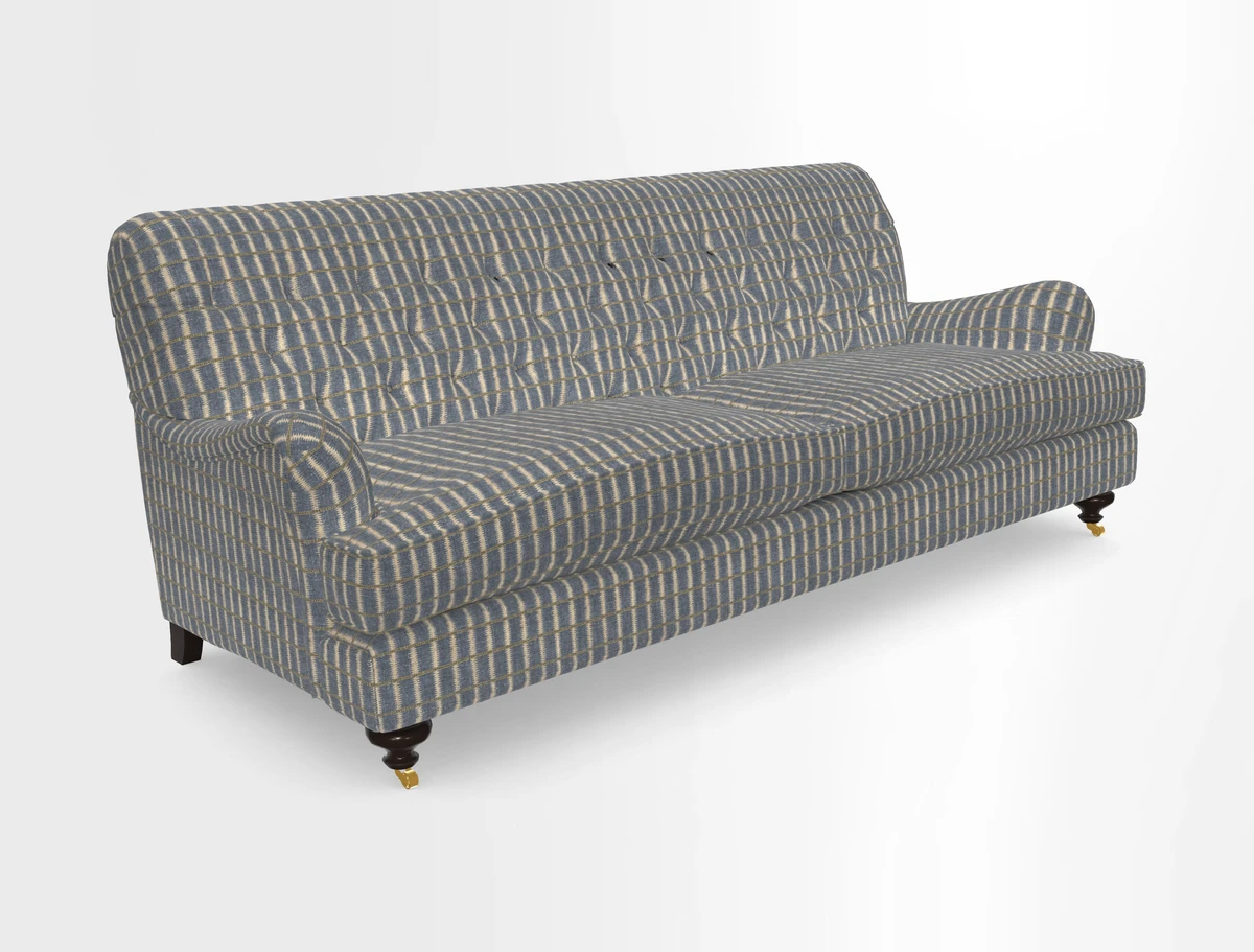 Chiddingfold 3 Seater Sofa in Omega Velvet Tawny Velvet and V&A Threads of India Regal Arabesque Flame with scatters in Sulawesi Splendour Jasper