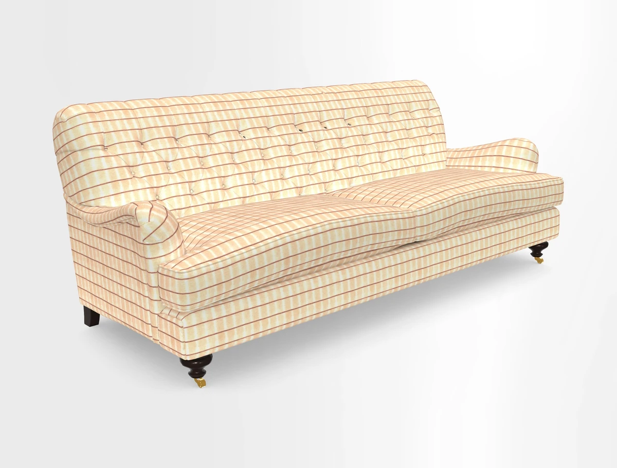 Chiddingfold 3 Seater Sofa in Omega Velvet Tawny Velvet and V&A Threads of India Regal Arabesque Flame with scatters in Sulawesi Splendour Jasper