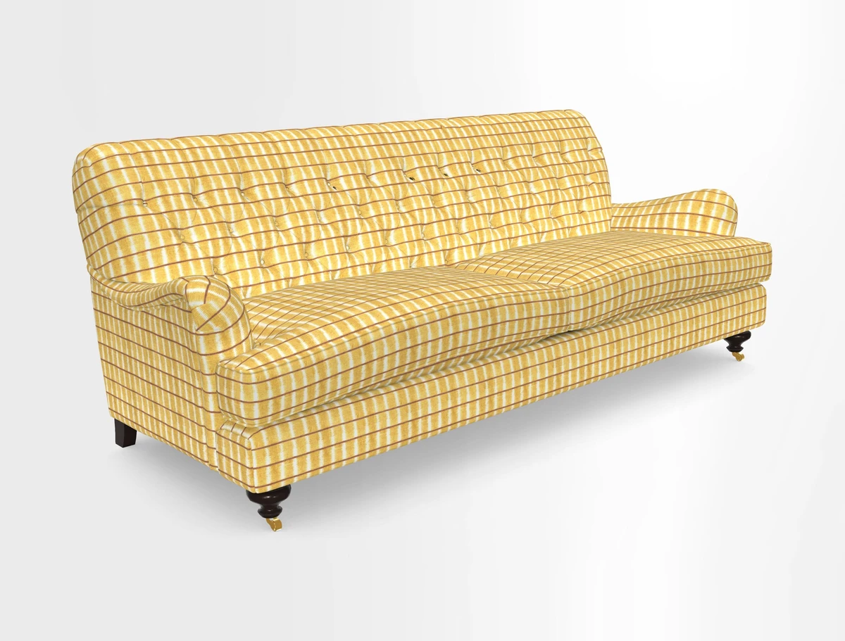 Chiddingfold 3 Seater Sofa in Omega Velvet Tawny Velvet and V&A Threads of India Regal Arabesque Flame with scatters in Sulawesi Splendour Jasper