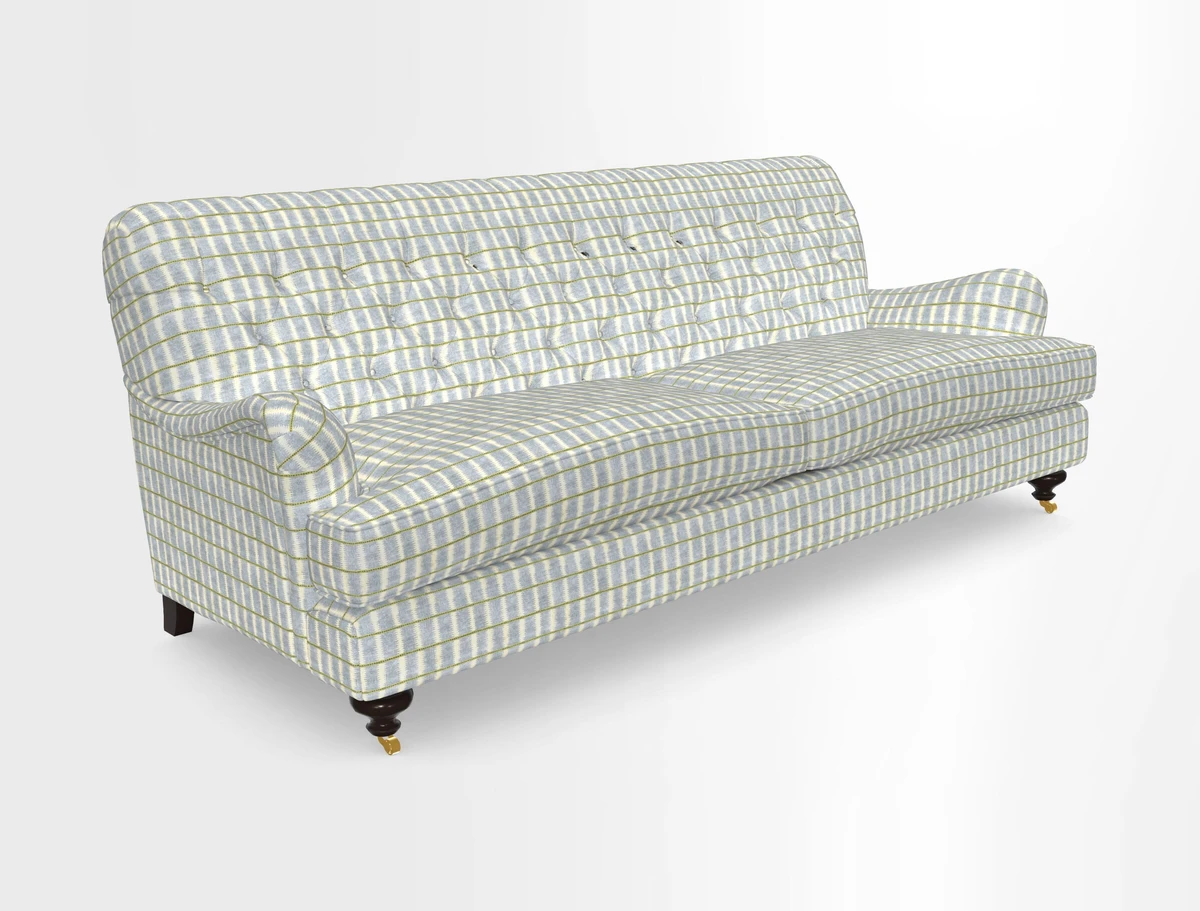 Chiddingfold 3 Seater Sofa in Omega Velvet Tawny Velvet and V&A Threads of India Regal Arabesque Flame with scatters in Sulawesi Splendour Jasper