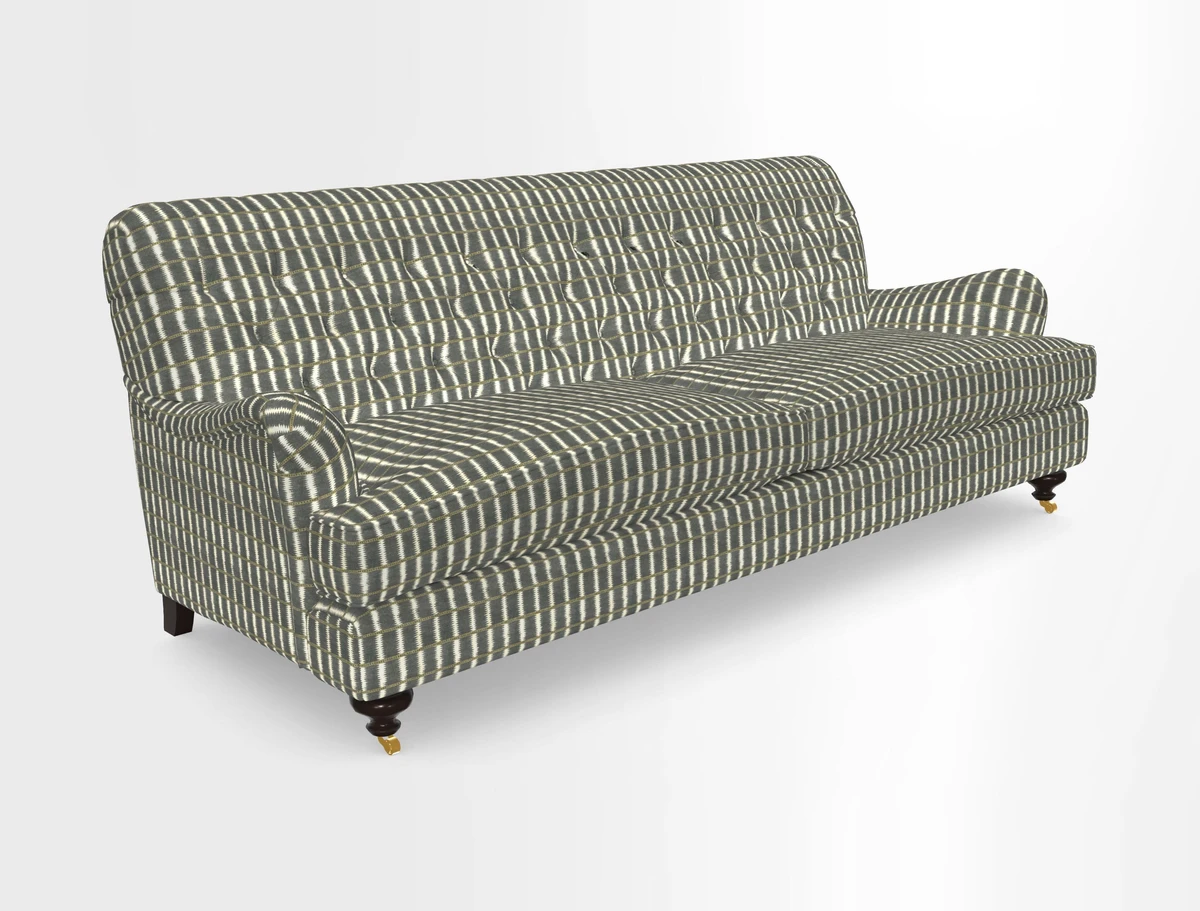 Chiddingfold 3 Seater Sofa in Omega Velvet Tawny Velvet and V&A Threads of India Regal Arabesque Flame with scatters in Sulawesi Splendour Jasper