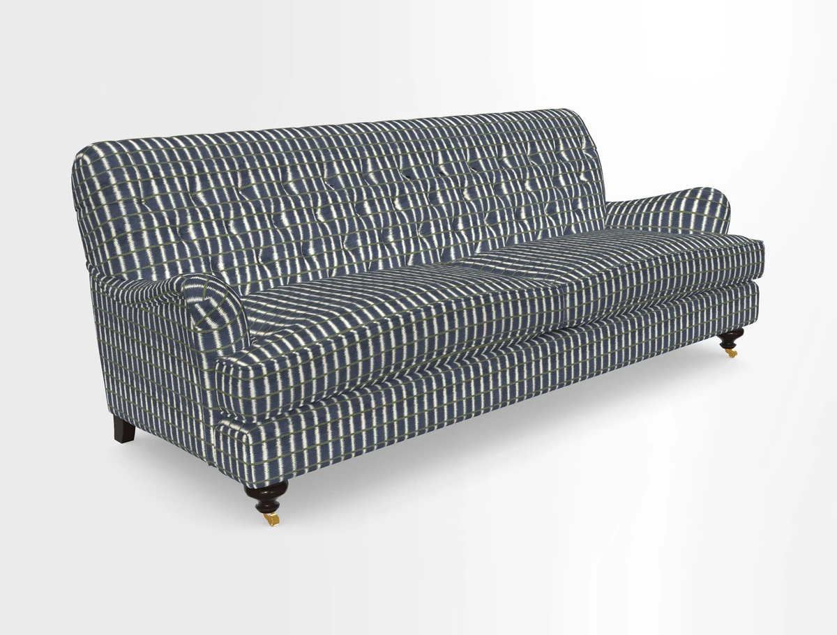 Chiddingfold 3 Seater Sofa in Omega Velvet Tawny Velvet and V&A Threads of India Regal Arabesque Flame with scatters in Sulawesi Splendour Jasper