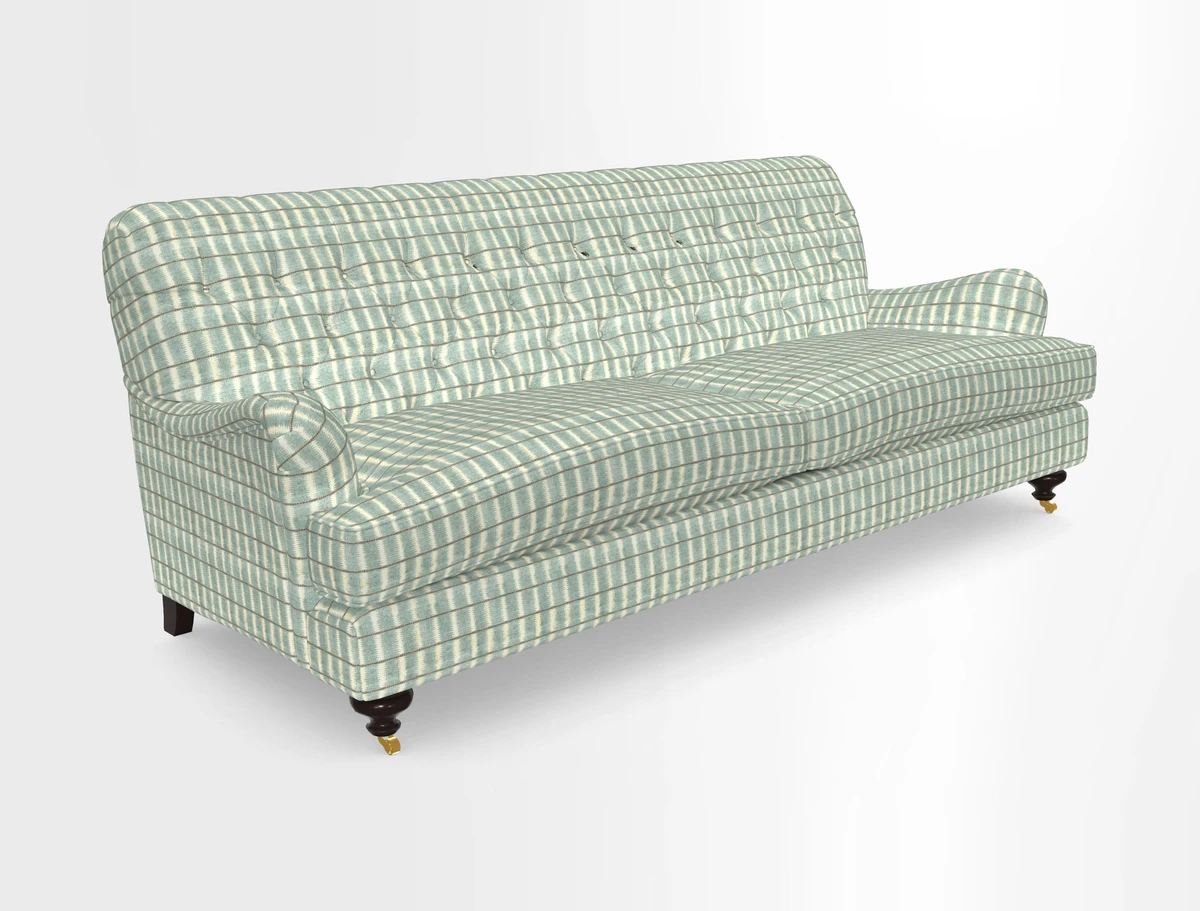 Chiddingfold 3 Seater Sofa in Omega Velvet Tawny Velvet and V&A Threads of India Regal Arabesque Flame with scatters in Sulawesi Splendour Jasper