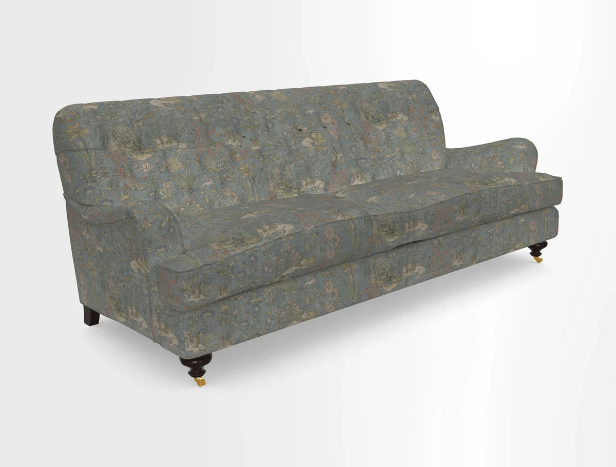 Chiddingfold 3 Seater Sofa in Omega Velvet Tawny Velvet and V&A Threads of India Regal Arabesque Flame with scatters in Sulawesi Splendour Jasper