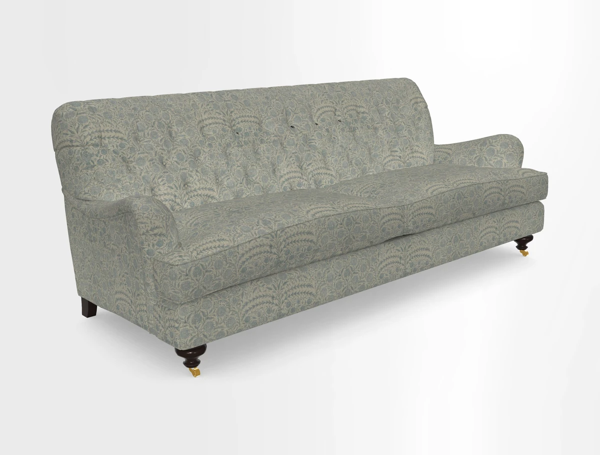 Chiddingfold 3 Seater Sofa in Omega Velvet Tawny Velvet and V&A Threads of India Regal Arabesque Flame with scatters in Sulawesi Splendour Jasper