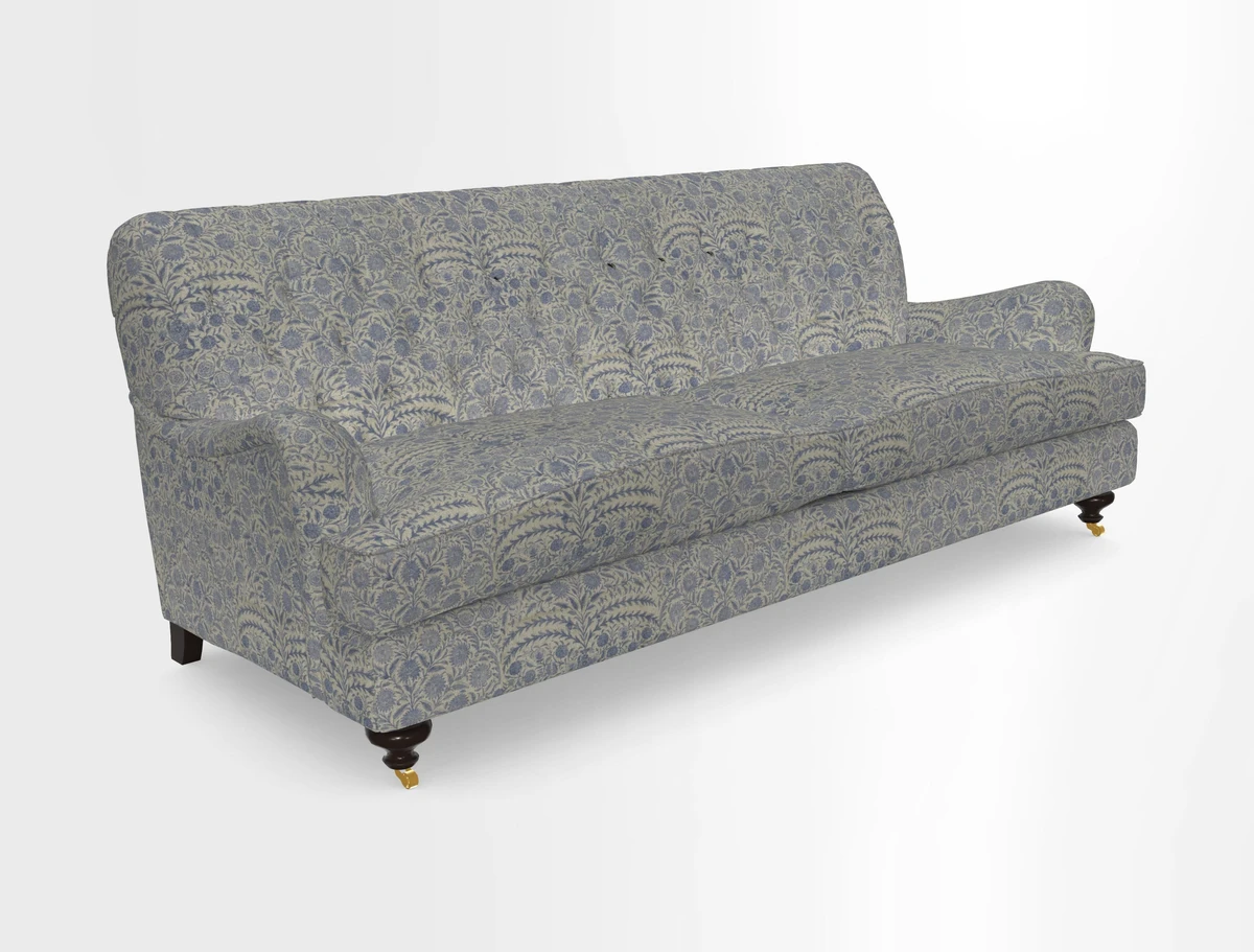 Chiddingfold 3 Seater Sofa in Omega Velvet Tawny Velvet and V&A Threads of India Regal Arabesque Flame with scatters in Sulawesi Splendour Jasper