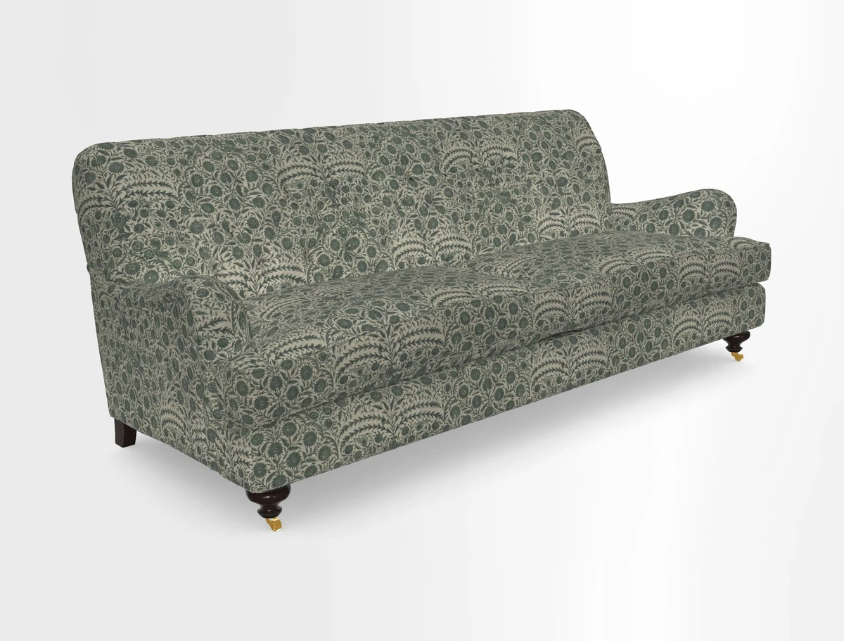 Chiddingfold 3 Seater Sofa in Omega Velvet Tawny Velvet and V&A Threads of India Regal Arabesque Flame with scatters in Sulawesi Splendour Jasper