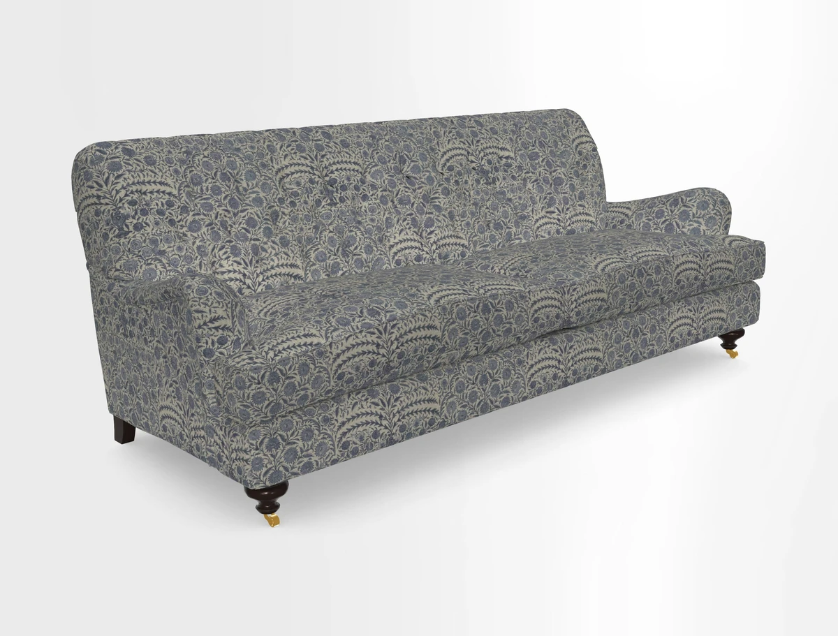 Chiddingfold 3 Seater Sofa in Omega Velvet Tawny Velvet and V&A Threads of India Regal Arabesque Flame with scatters in Sulawesi Splendour Jasper