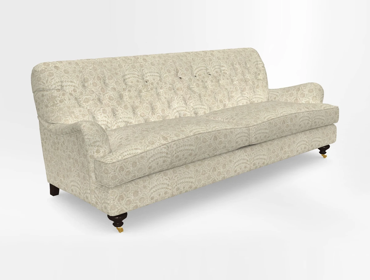 Chiddingfold 3 Seater Sofa in Omega Velvet Tawny Velvet and V&A Threads of India Regal Arabesque Flame with scatters in Sulawesi Splendour Jasper