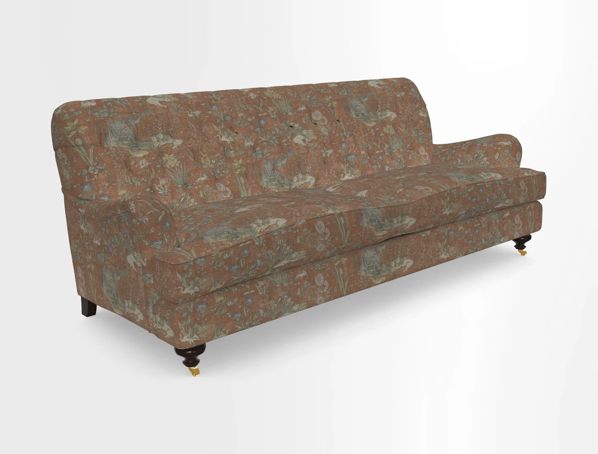 Chiddingfold 3 Seater Sofa in Omega Velvet Tawny Velvet and V&A Threads of India Regal Arabesque Flame with scatters in Sulawesi Splendour Jasper