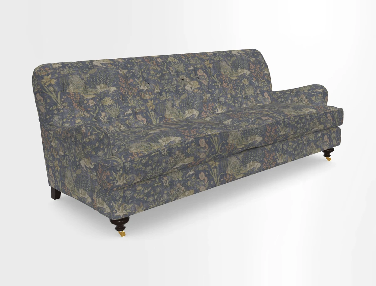 Chiddingfold 3 Seater Sofa in Omega Velvet Tawny Velvet and V&A Threads of India Regal Arabesque Flame with scatters in Sulawesi Splendour Jasper