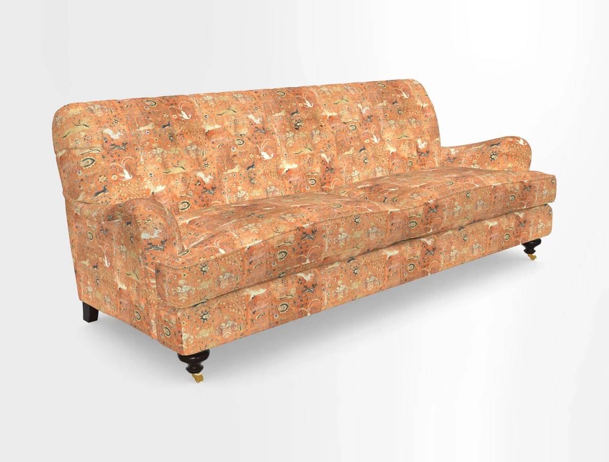 Chiddingfold 3 Seater Sofa in Omega Velvet Tawny Velvet and V&A Threads of India Regal Arabesque Flame with scatters in Sulawesi Splendour Jasper