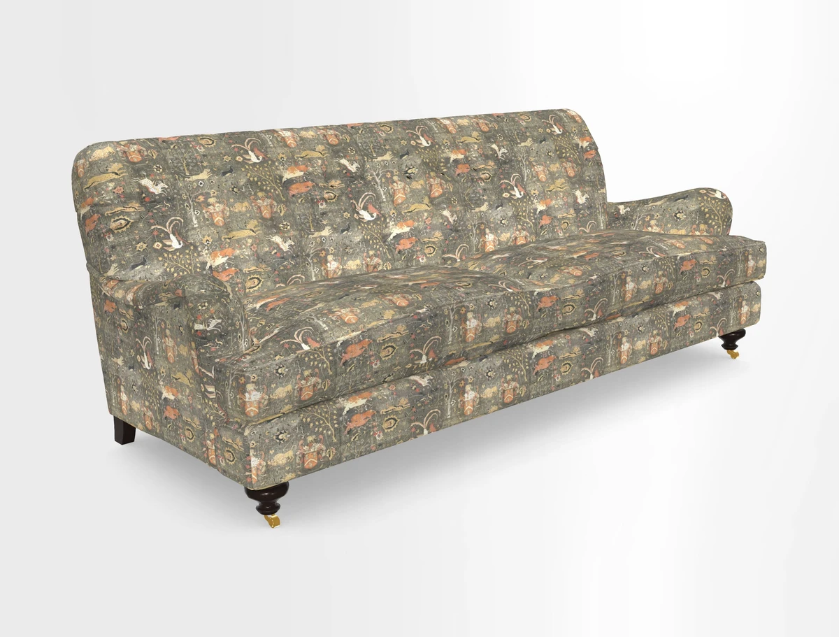 Chiddingfold 3 Seater Sofa in Omega Velvet Tawny Velvet and V&A Threads of India Regal Arabesque Flame with scatters in Sulawesi Splendour Jasper