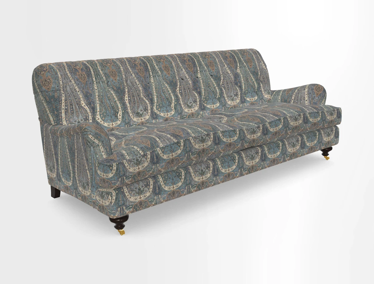 Chiddingfold 3 Seater Sofa in Omega Velvet Tawny Velvet and V&A Threads of India Regal Arabesque Flame with scatters in Sulawesi Splendour Jasper