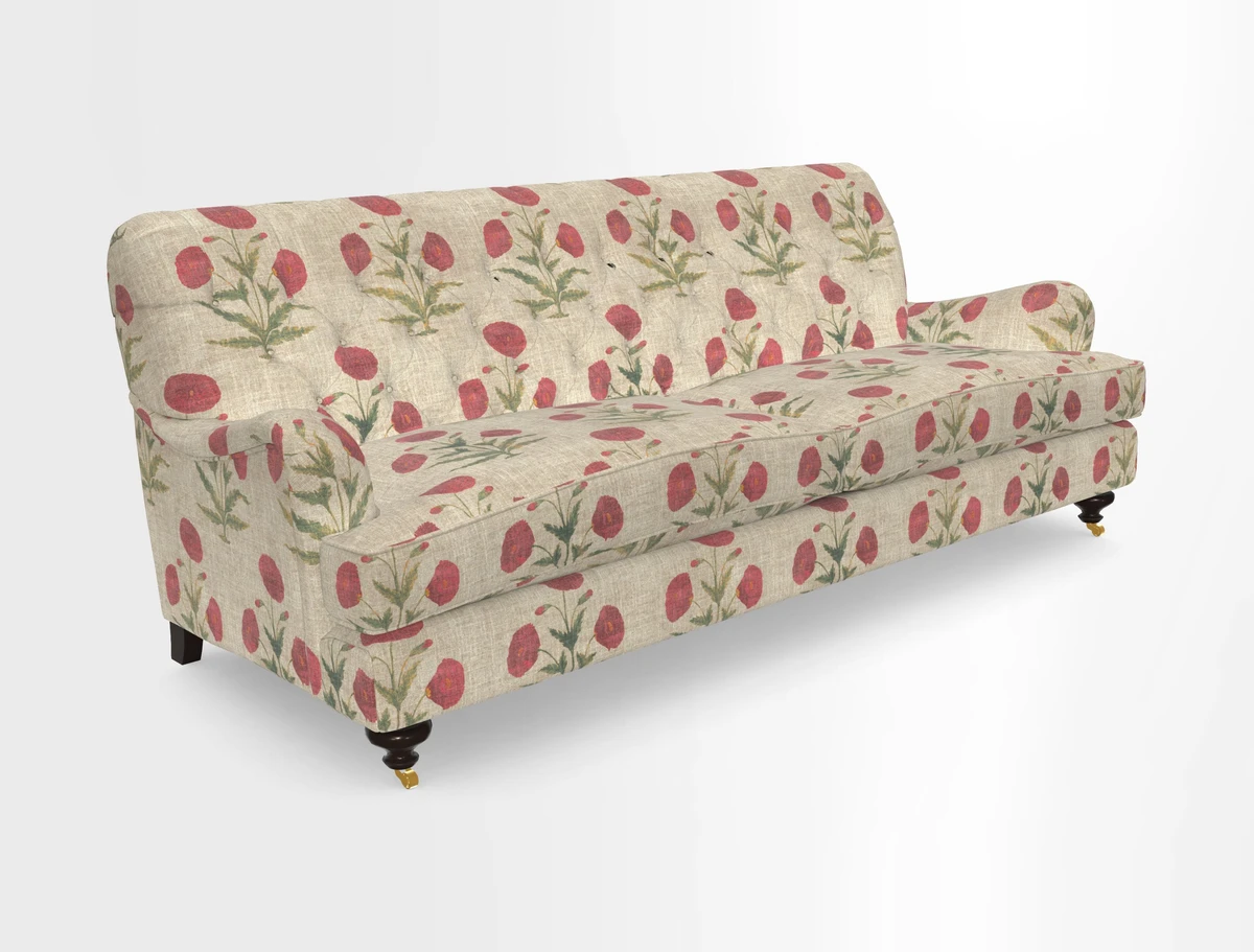 Chiddingfold 3 Seater Sofa in Omega Velvet Tawny Velvet and V&A Threads of India Regal Arabesque Flame with scatters in Sulawesi Splendour Jasper
