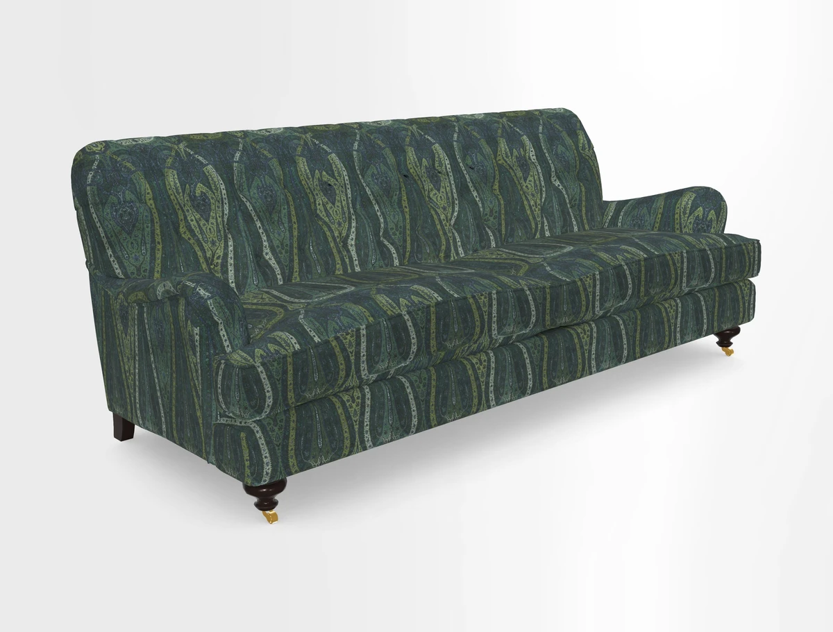 Chiddingfold 3 Seater Sofa in Omega Velvet Tawny Velvet and V&A Threads of India Regal Arabesque Flame with scatters in Sulawesi Splendour Jasper
