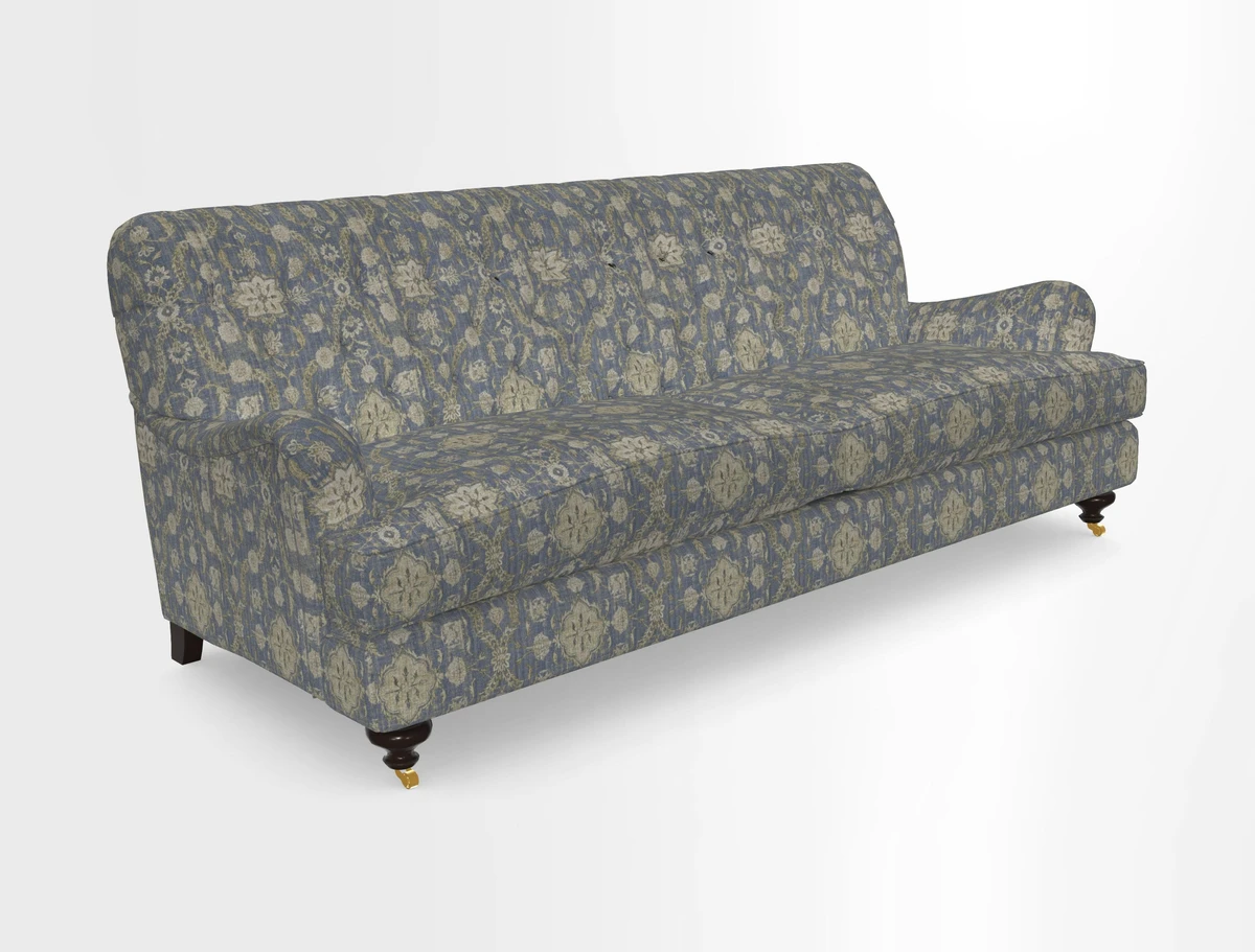 Chiddingfold 3 Seater Sofa in Omega Velvet Tawny Velvet and V&A Threads of India Regal Arabesque Flame with scatters in Sulawesi Splendour Jasper