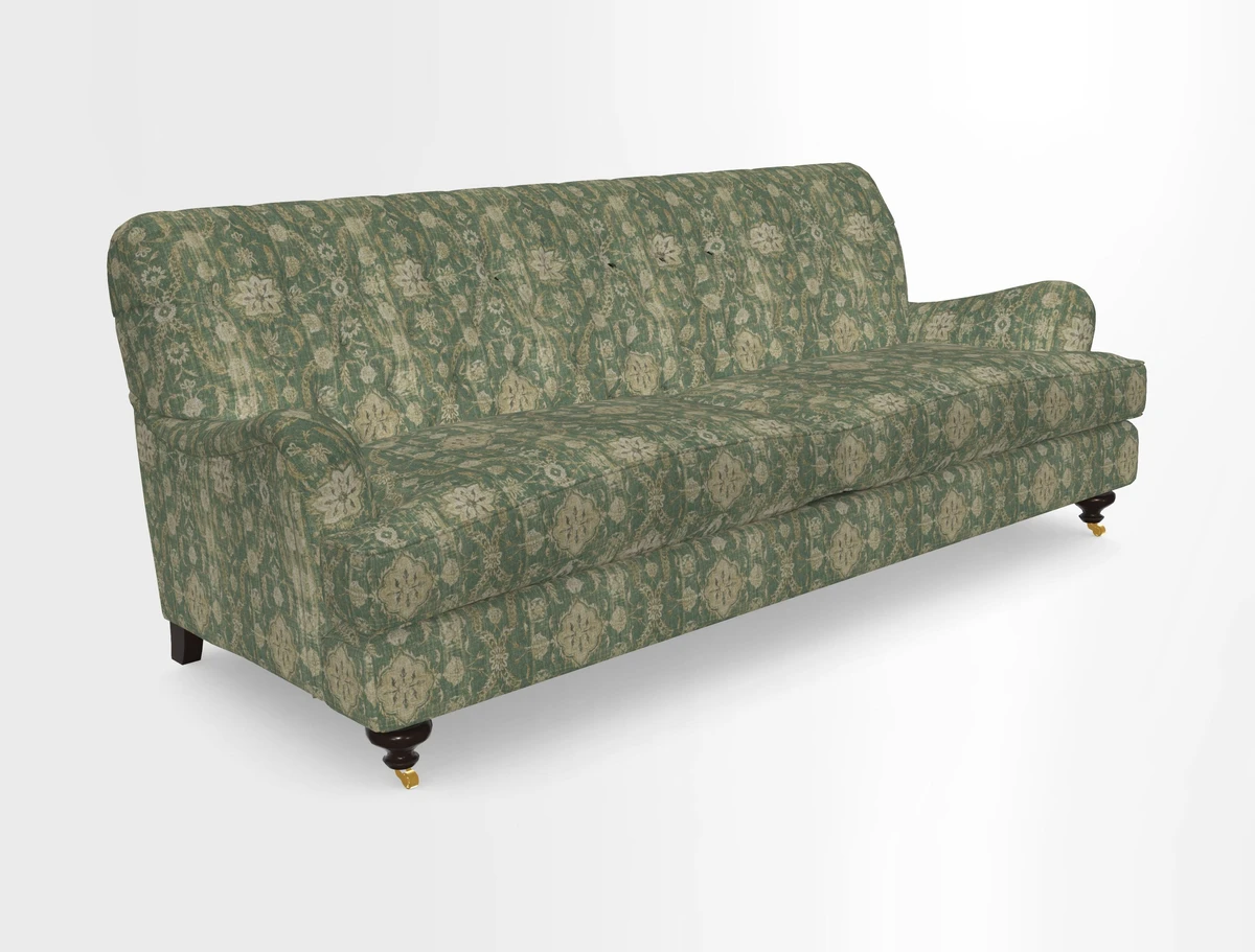 Chiddingfold 3 Seater Sofa in Omega Velvet Tawny Velvet and V&A Threads of India Regal Arabesque Flame with scatters in Sulawesi Splendour Jasper