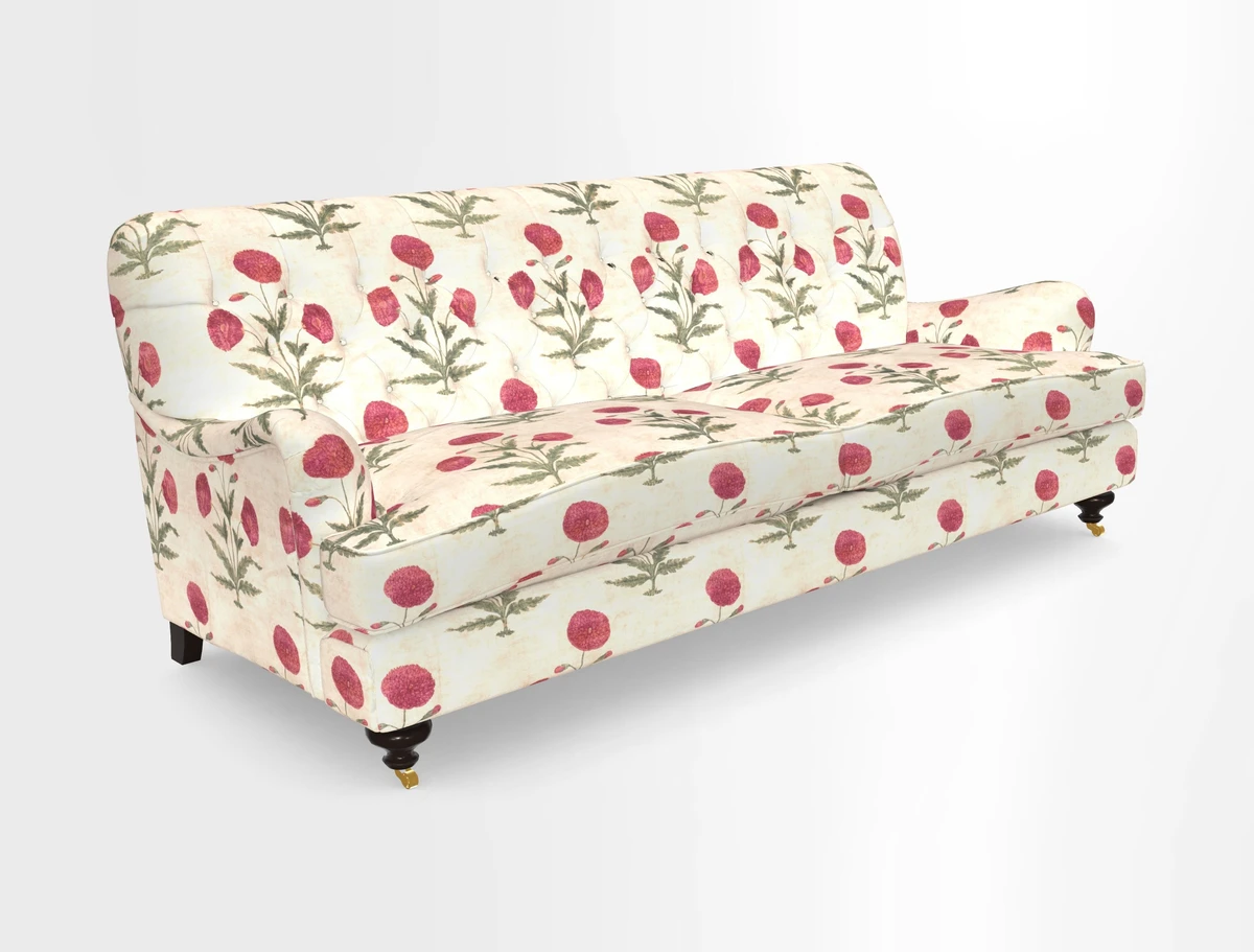 Chiddingfold 3 Seater Sofa in Omega Velvet Tawny Velvet and V&A Threads of India Regal Arabesque Flame with scatters in Sulawesi Splendour Jasper
