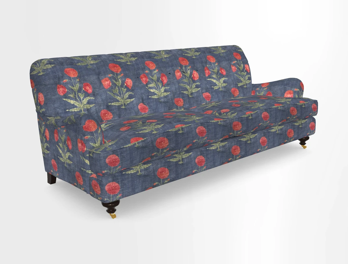 Chiddingfold 3 Seater Sofa in Omega Velvet Tawny Velvet and V&A Threads of India Regal Arabesque Flame with scatters in Sulawesi Splendour Jasper
