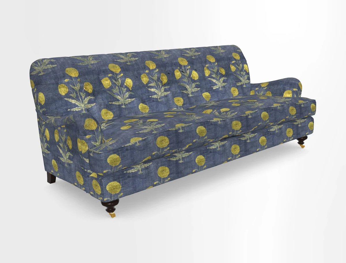 Chiddingfold 3 Seater Sofa in Omega Velvet Tawny Velvet and V&A Threads of India Regal Arabesque Flame with scatters in Sulawesi Splendour Jasper