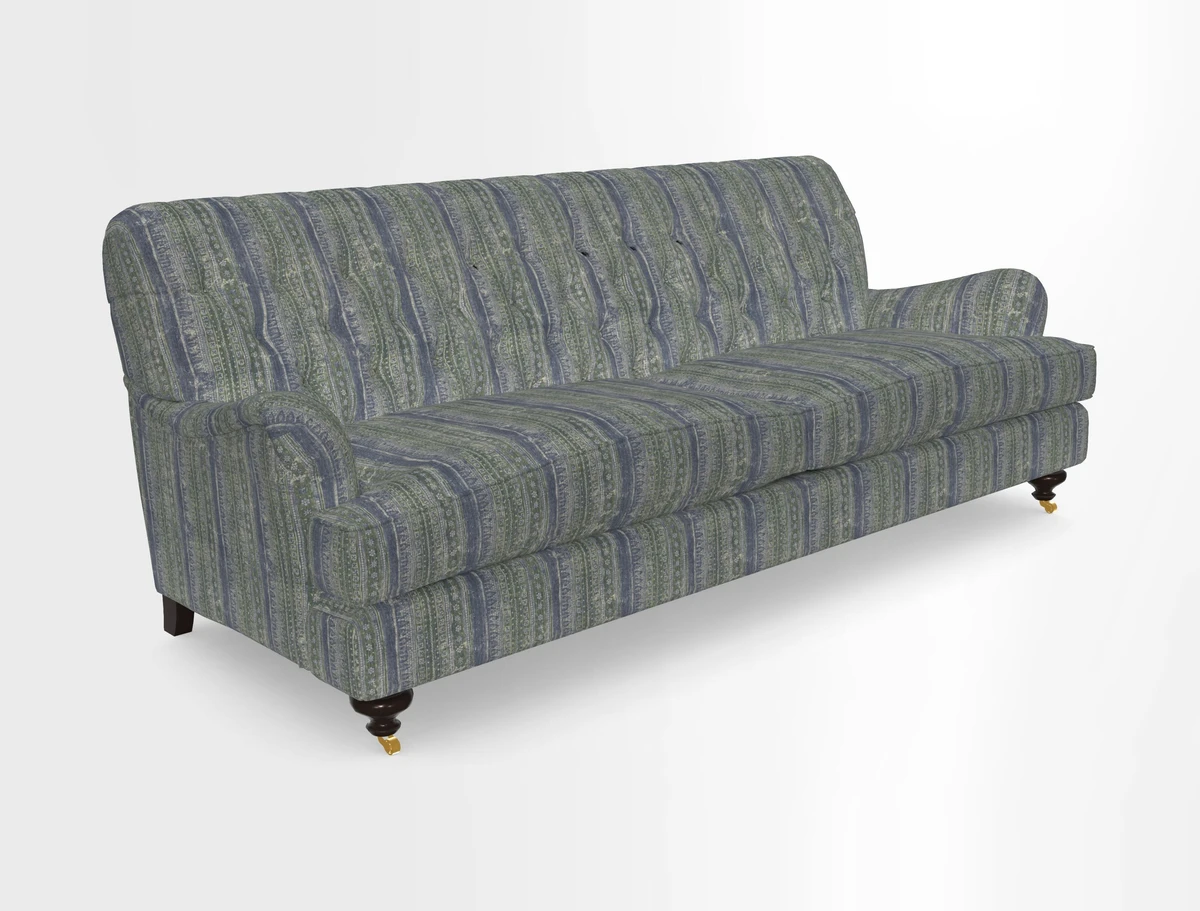 Chiddingfold 3 Seater Sofa in Omega Velvet Tawny Velvet and V&A Threads of India Regal Arabesque Flame with scatters in Sulawesi Splendour Jasper