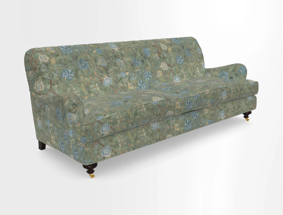 Chiddingfold 3 Seater Sofa in Omega Velvet Tawny Velvet and V&A Threads of India Regal Arabesque Flame with scatters in Sulawesi Splendour Jasper