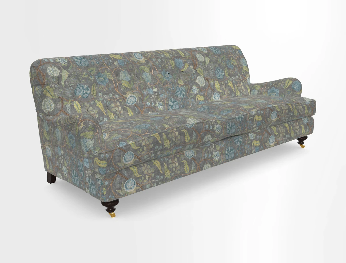 Chiddingfold 3 Seater Sofa in Omega Velvet Tawny Velvet and V&A Threads of India Regal Arabesque Flame with scatters in Sulawesi Splendour Jasper