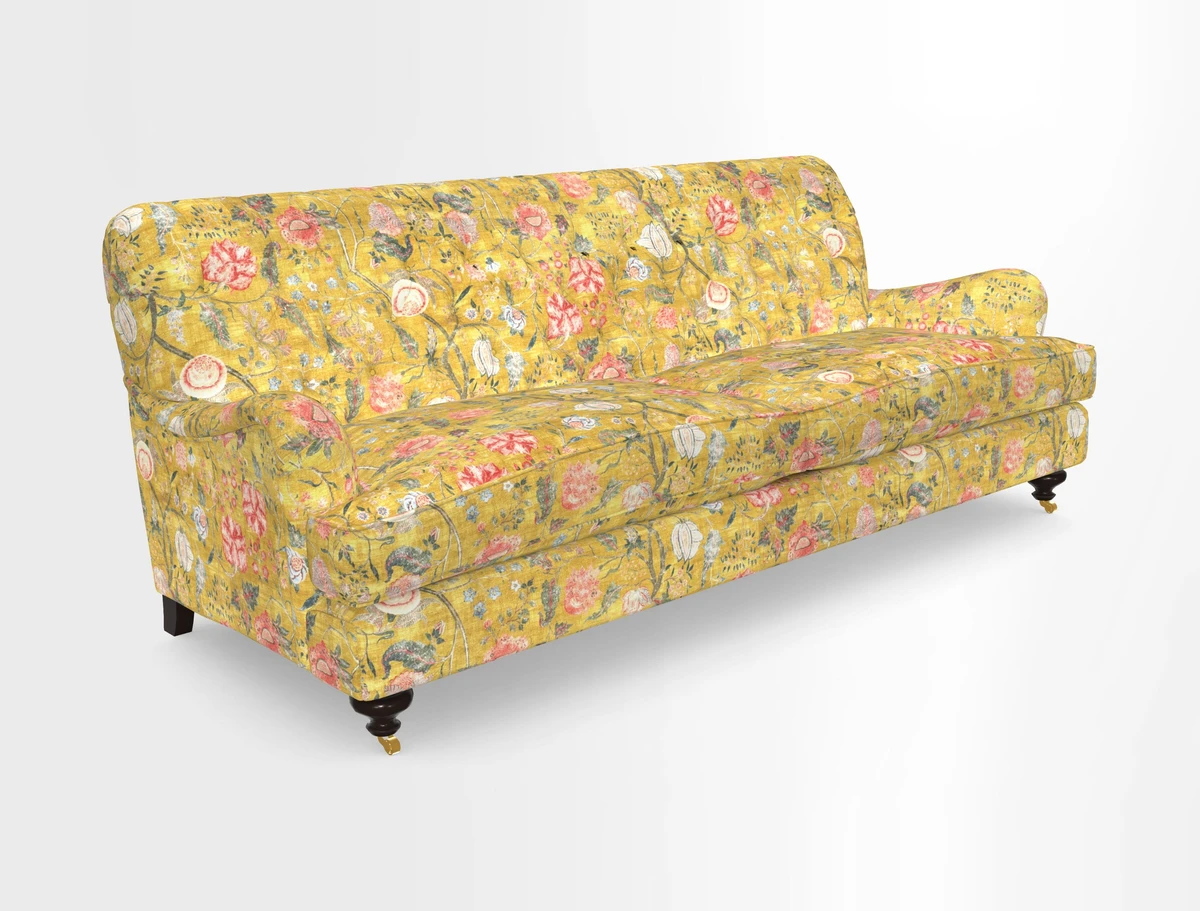 Chiddingfold 3 Seater Sofa in Omega Velvet Tawny Velvet and V&A Threads of India Regal Arabesque Flame with scatters in Sulawesi Splendour Jasper