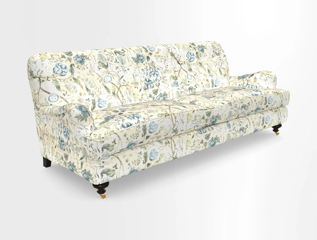 Chiddingfold 3 Seater Sofa in Omega Velvet Tawny Velvet and V&A Threads of India Regal Arabesque Flame with scatters in Sulawesi Splendour Jasper